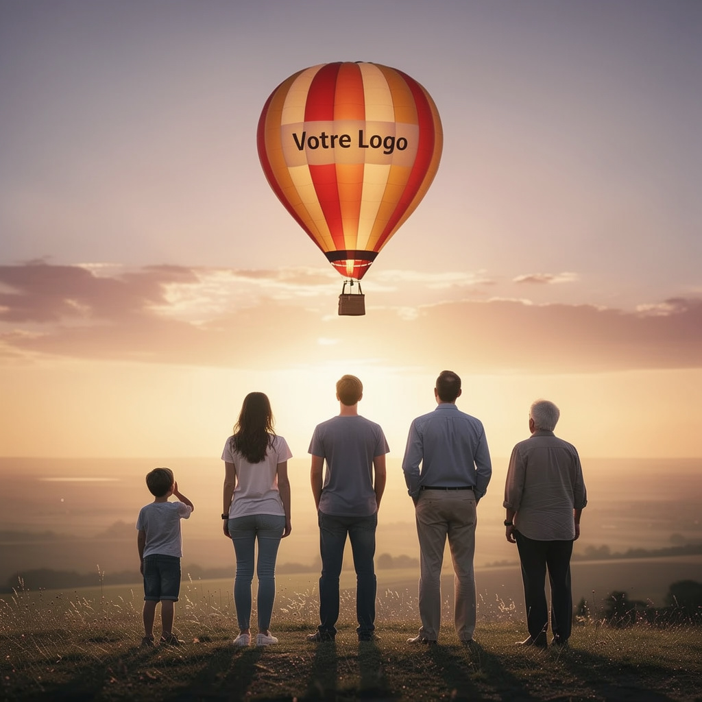 Famille de 7 à 77 ans regardant une montgolfière avec logo sponsor en Belgique
